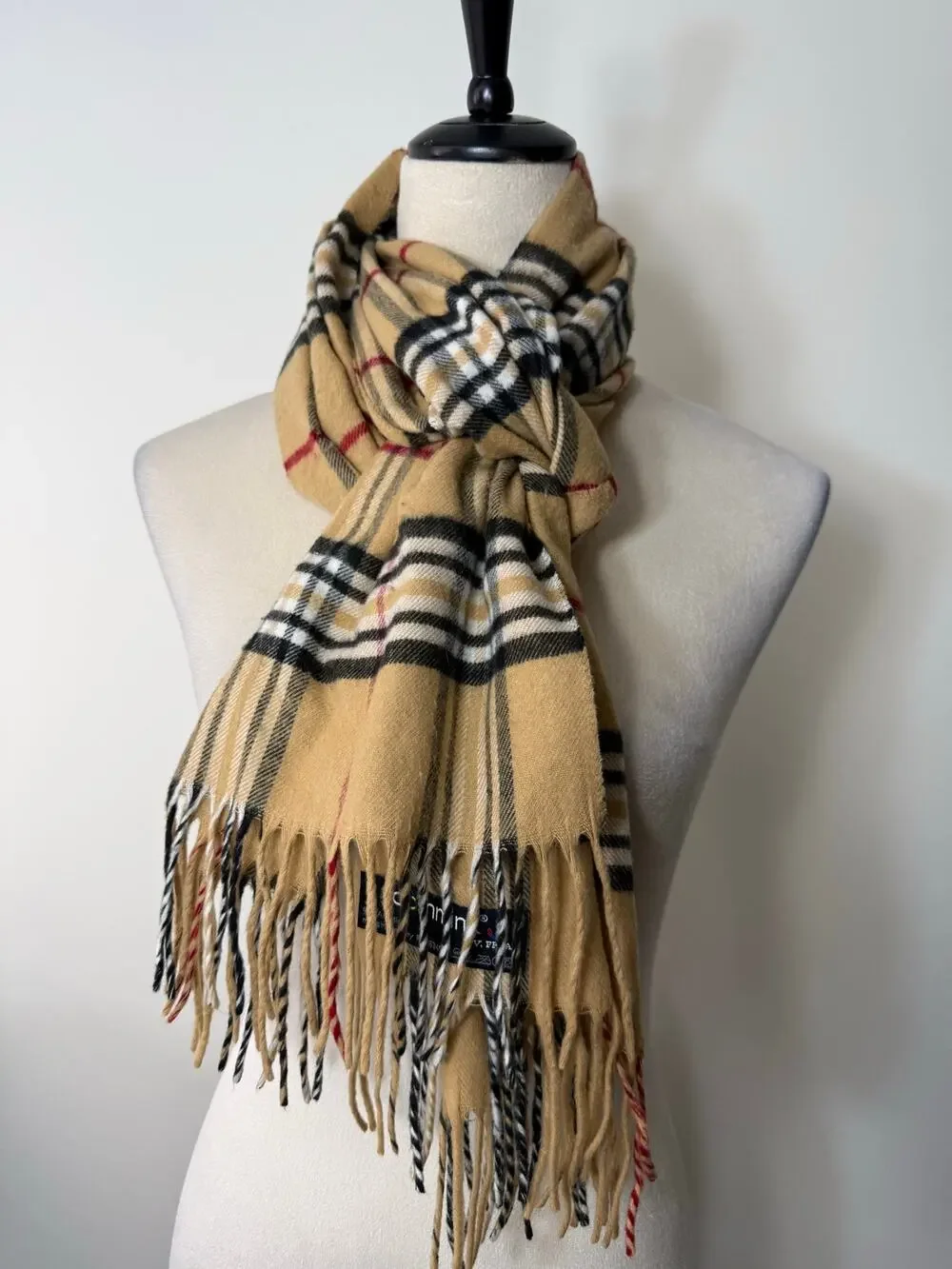 Cashmink by V. Fraas Plaid Scarf Camel Nova Check Fringe Made in Germany
